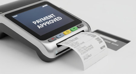 Close-up of payment terminal printing a receipt after successful credit card transaction. concept of digital payment, secure transaction, modern retail technology.の写真素材