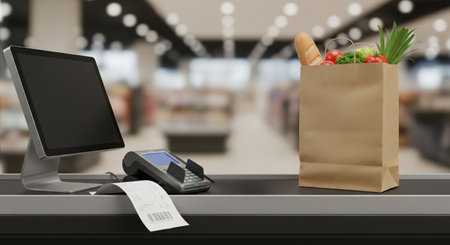 Grocery checkout counter with paper bag of fresh produce and receipt in modern supermarket. concept of shopping, fresh vegetables and fruits, retail experience.の写真素材