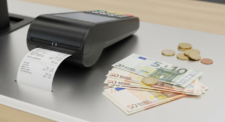 Pos point of sale terminal with euro currency and receipt on metal counter in retail setting....