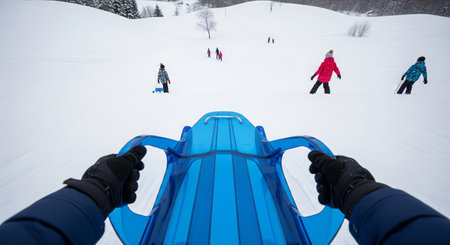 Pov sledding down snowy hill with friends enjoying winter sports adventure in scenic snowy...