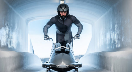 Athlete in helmet pushing a bobsled at the start of an intense ice track race. concept of winter sports, speed, precision, competitive spirit.の写真素材