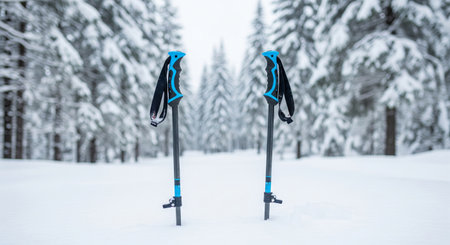 Two blue ski poles standing upright in snowy forest during winter adventure. concept of outdoor exploration, winter sports, snowy landscape.の写真素材