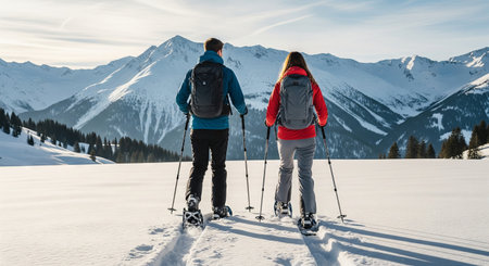 Couple snowshoeing in snowy mountain landscape with clear blue sky. concept of outdoor adventure, winter exploration, scenic getaway.の写真素材