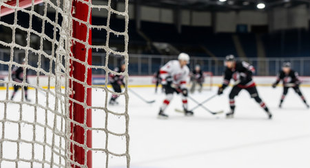 Ice hockey game with players in action on ice rink during competitive match. concept of team sport, athletic competition, winter activity.の写真素材