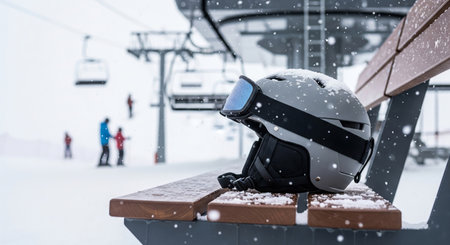 Ski helmet on snow-covered bench at ski resort on a winter day. concept of snow sports gear, winter adventure, safety equipment.の写真素材