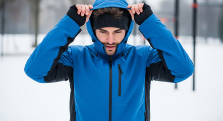Portrait of caucasian man wearing blue outdoor jacket in snowy winter landscape. concept of cold...