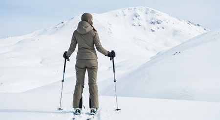 Caucasian woman skiing in snowy mountain landscape during winter adventure. concept of outdoor activity, winter sport, nature exploration.の写真素材