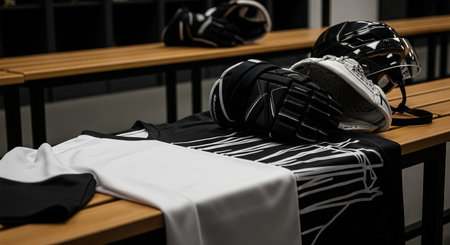 Black and white hockey gear in locker room including helmet, gloves, and jersey on bench. concept of team sports equipment, locker room prep, ice hockey essentials.の写真素材