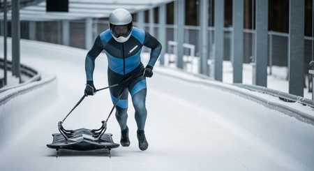 Male athlete in blue suit preparing for skeleton race on ice track. concept of winter sports, speed competition, athletic preparation.の写真素材