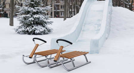 Wooden sleds on snowy playground with ice slide in winter park scene. concept of winter fun, outdoor activity, holiday season.の写真素材