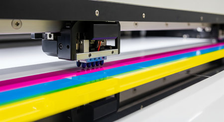 Industrial inkjet printer applying cyan, magenta, yellow, and black colors on a sheet in high-tech printing shop. concept of print technology, precision, color application.の写真素材