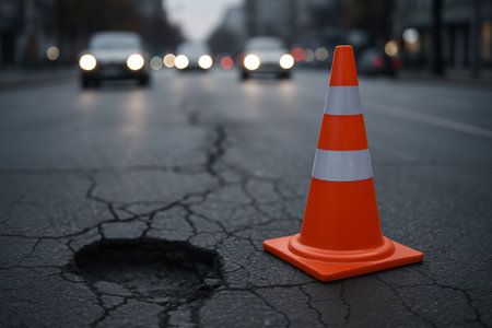 Orange traffic cone on pothole road with blurred cars in background during evening time. concept of road safety, urban infrastructure, traffic management.の写真素材