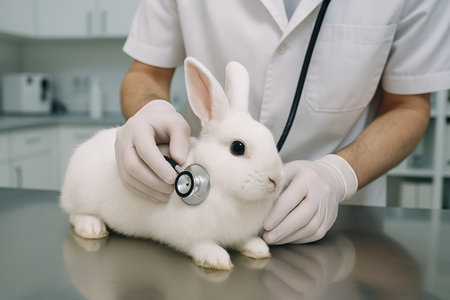 Veterinarian examining a rabbit with a stethoscope during a check-up in a modern clinic. concept of animal health, veterinary care, medical examination.の写真素材