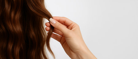 Caucasian woman holding a strand of brown hair isolated on white background. concept of haircare, beauty, self grooming, copy space, banner.の写真素材