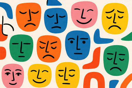 Minimalist colorful abstract faces pattern illustration with various expressions and shapes. concept of modern art, emotions, vibrant design elements., background.の写真素材