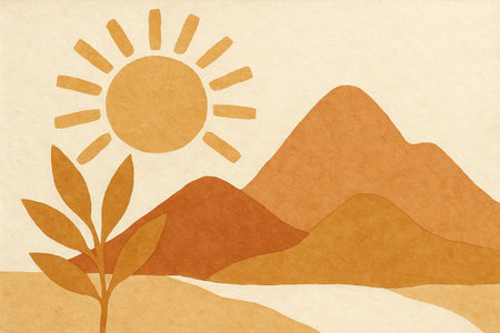 Abstract earth tone mountain and sunburst illustration on textured paper background. concept of natural landscape, minimalist art, warm color palette, background.の写真素材