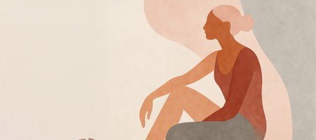 Abstract illustration of contemplative woman sitting in thoughtful pose on neutral background. concept of introspection, serenity, minimalist art, background, copy space, banner.の写真素材