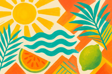 Colorful summer illustration with sun, waves, watermelon, lemon, and palm leaves. concept of summer...