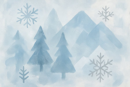 Winter wonderland illustration of snowy mountains and pines with snowflakes in soft blue tones. concept of winter scene, serene nature, tranquil landscape, background.の写真素材