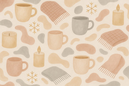 Cozy coffee cup and candle pattern with warm textiles illustration for hygge lifestyle concept of comfort, warmth, decorative design, background.の写真素材