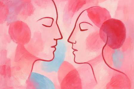 Abstract watercolor art of two faces in profile with pink and red shades. concept of emotional connection, expressive painting, modern art, background.の写真素材