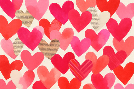 Watercolor heart pattern with intricate texture in shades of red and pink on white background....