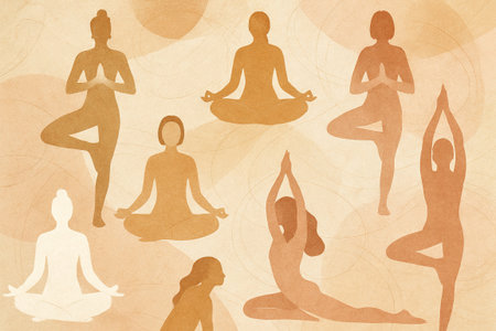 Yoga silhouettes set in warm tones on textured background. concept of meditation, mindfulness, fitness, background.の写真素材