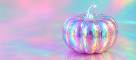 Holographic pumpkin on a shiny pastel background for creative halloween decoration. concept of unique design, festive artistry, holographic style, copy space, banner.の写真素材