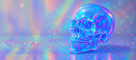 Holographic skull illustration on sparkling pastel background concept of futuristic design surreal art vivid colors, copy space, banner.の写真素材