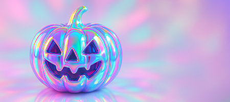 Iridescent halloween pumpkin with a smiling face in neon lights setting. concept of jack-o-lantern design, vibrant decor, holiday atmosphere, copy space, banner.の写真素材