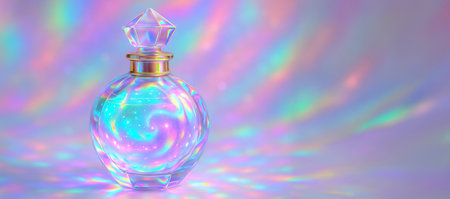 Iridescent perfume bottle with crystal cap on holographic background. concept of luxury fragrance, elegant design, sparkling aesthetics, copy space, banner.の写真素材