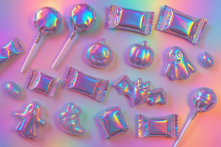 Holographic halloween candy assortment isolated on colorful background. concept of festive treats, spooky celebration, creative design.の写真素材