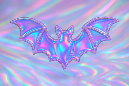 Holographic bat illustration with iridescent colors on textured background. concept of creative design, halloween decor, vibrant art.の写真素材