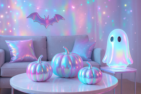 Holographic halloween decor with pumpkins bat and ghost in a cozy living room. concept of festive decoration futuristic style creative design.の写真素材