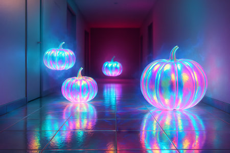 Holographic pumpkins glowing in a mystical hallway during halloween night. concept of enchanting decor, imaginative design, festive celebration.の写真素材