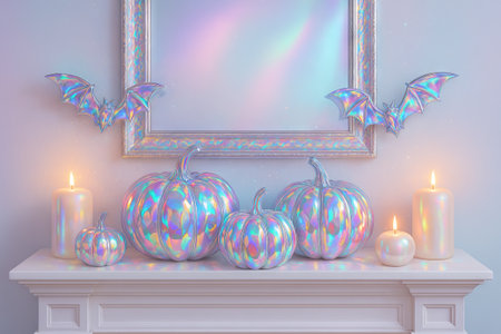 Holographic halloween decor with pumpkins, bats, and candles on mantel for magical holiday atmosphere. concept of enchanting decoration, festive setup, spooky elegance.の写真素材