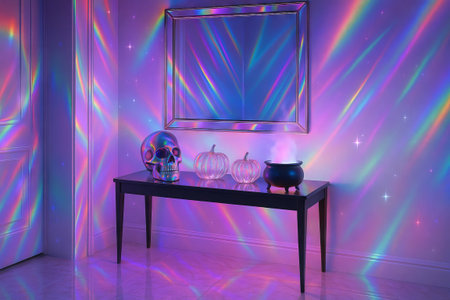 Holographic halloween decor with skull, pumpkins, and cauldron in vibrant rainbow lights. concept of festive decoration, spooky atmosphere, creative design.の写真素材