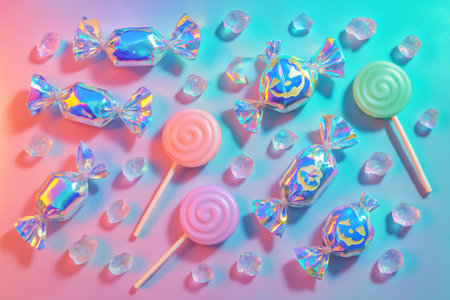 Iridescent wrapped candy and lollipops with ice cubes on gradient background. concept of sweet treats, colorful candy, vibrant dessert illustration.の写真素材