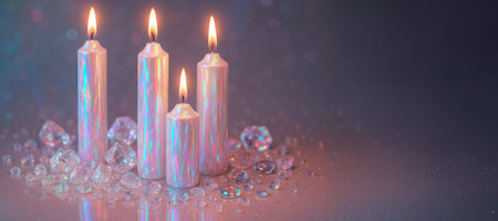 Iridescent candles with flickering flames surrounded by crystals on a reflective surface. concept of tranquility, luminescence, elegant decor, copy space, banner.の写真素材