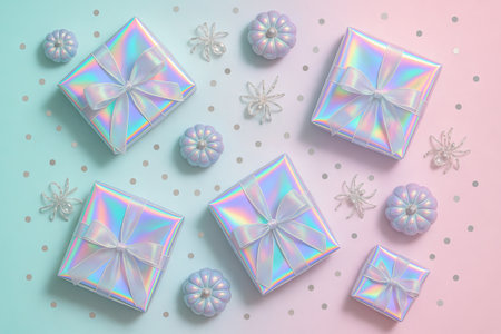 Iridescent wrapped gift boxes and ornaments on pastel background. concept of elegant packaging, decorative elements, gift presentation.の写真素材
