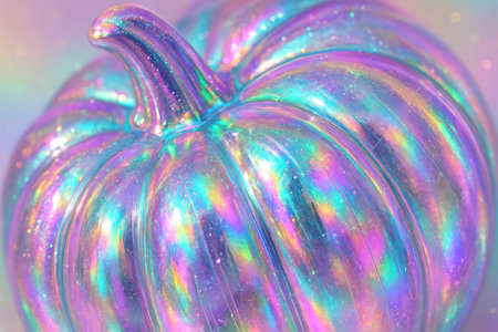 Iridescent pumpkin with shimmering holographic colors on a glittering background. concept of festive decor, creative design, holiday decoration.の写真素材