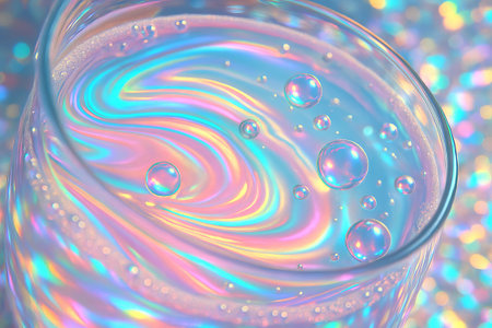 Iridescent liquid with bubbles in glass against shimmering background. concept of colorful art,...