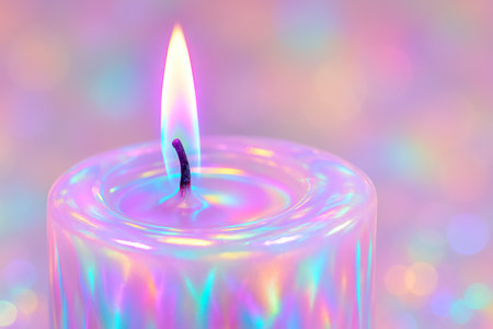 Iridescent candle with flickering flame on pastel background for festive decor. concept of ambient lighting, colorful glow, relaxation.の写真素材