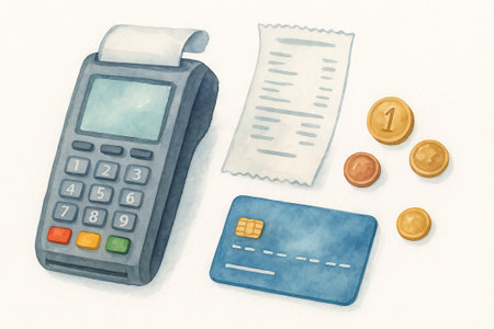 Watercolor illustration of a payment terminal with receipt, coins, and credit card for financial transaction concept, digital payment, business finance.の写真素材