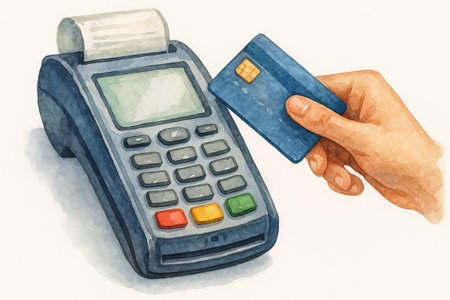 Watercolor illustration of hand using credit card with payment terminal on white background. concept of digital transaction, contactless payment, modern finance.の写真素材