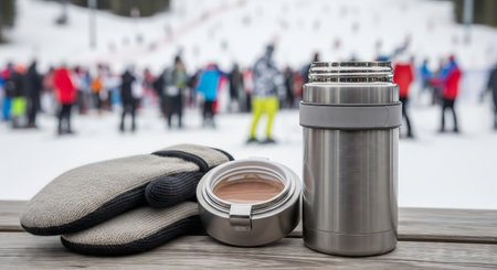 Stainless steel thermos and wool gloves on picnic table in snowy mountain resort. concept of winter travel gear, hot beverage, ski vacation warmth.の写真素材