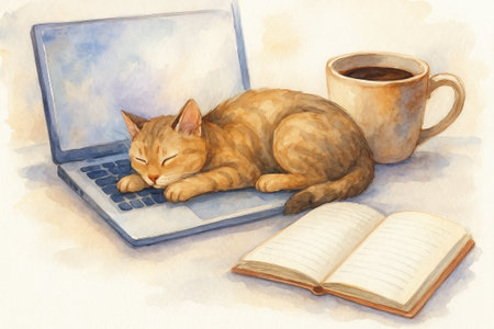 Watercolor illustration of sleeping cat on laptop with coffee and open book. concept of cozy home office, relaxation, comfort.の写真素材