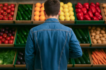 Young caucasian man shopping for fresh vegetables in supermarket produce section. concept of grocery shopping, healthy eating, balanced diet.の写真素材