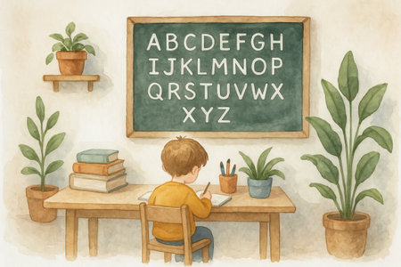 Watercolor illustration of a young boy writing in classroom with alphabet on chalkboard. concept of learning, educational setting, childhood activity.の写真素材