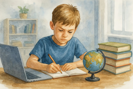 Young caucasian boy studying with laptop, books, and globe in room watercolor illustration. concept of learning, education, academic activity.の写真素材